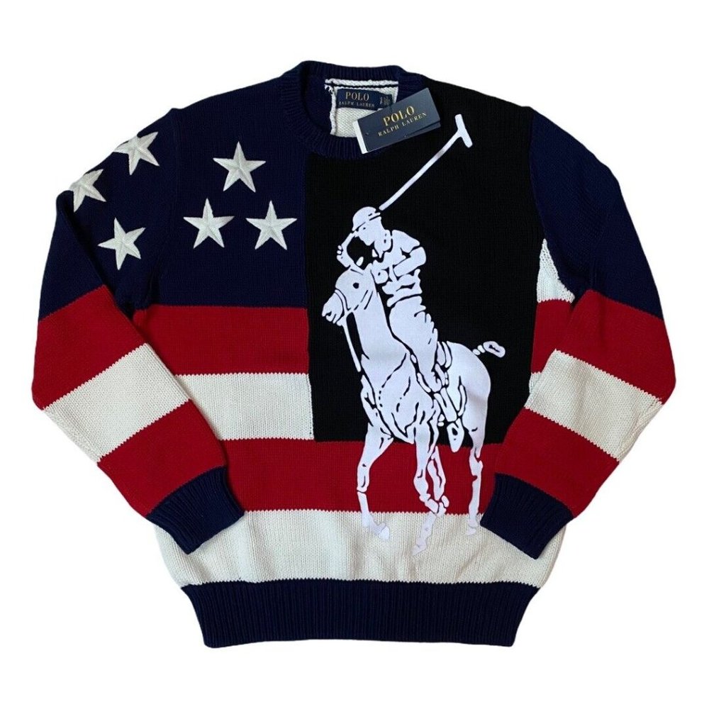 NEW POLO RALPH LAUREN Men's Big Pony Americana Flag Crew Neck Sweater Size S M L